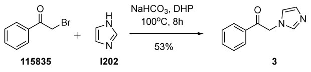 Synthesis of 2-(1<i>H</i>-imidazol-1-yl)-1-phenylethanone 3 from 2-bromoacetophenone (115835) and imidazole (I202) in dihydropinene. A chemical reaction scheme illustrating the synthesis of 2-(1H-imidazol-1-yl)-1-phenylethanone (3) from 2-bromoacetophenone and imidazole. The starting material, 2-bromoacetophenone, is shown with a bromine atom attached to the acetophenone moiety. The reaction involves imidazole, represented by its nitrogen-containing heterocyclic structure. The synthesis is carried out in the presence of sodium bicarbonate and dihydropinene as a solvent at a temperature of 100 degrees Celsius for 8 hours. The reaction yields 53% of the final product, 2-(1H-imidazol-1-yl)-1-phenylethanone, which is depicted with the imidazole ring linked to the acetophenone structure, replacing the bromine atom.