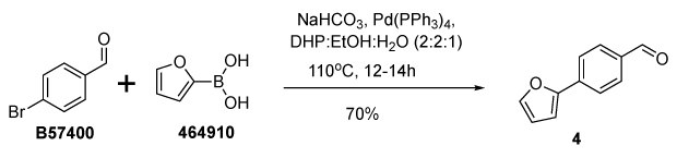 Synthesis of 4-(furan-2-yl)benzaldehyde (4) from 4-bromo benzaldehyde (B57400) and 2-furan boronic acid (464910) in pinane:ethanol:water mixture. A chemical reaction scheme illustrating the synthesis of 4-(furan-2-yl)benzaldehyde from 4-bromo benzaldehyde and 2-furan boronic acid. The starting material, 4-bromo benzaldehyde, is depicted with a bromine atom attached to a benzaldehyde ring. The reaction involves 2-furan boronic acid, shown with a boronic acid group attached to a furan ring. The synthesis is conducted using sodium bicarbonate and a palladium catalyst, Pd(PPh3)4, in a solvent mixture of pinane, ethanol, and water in a 2:2:1 ratio, at a temperature of 110 degrees Celsius for 12 to 14 hours. The reaction yields 70% of the final product, 4-(furan-2-yl)benzaldehyde, which is depicted with the furan ring linked to the benzaldehyde structure, replacing the bromine atom.