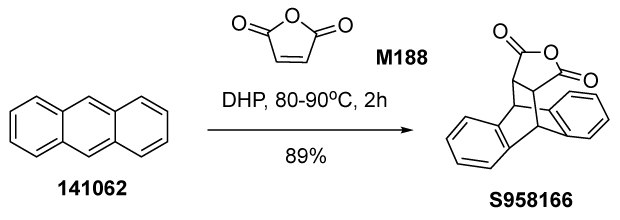 Diels-Alder (DA) cycloaddition of anthracene (141062) and maleic anhydride (M188) in dihydropinene. Diels-Alder cycloaddition reaction between anthracene and maleic anhydride. Anthracene is depicted as a three-ring aromatic hydrocarbon structure, while maleic anhydride is shown with a cyclic anhydride group. The reaction is facilitated in DHP as a solvent at a temperature range of 80 to 90 degrees Celsius for 2 hours. The resulting product is a cycloaddition compound, where the maleic anhydride has formed a new eight-membered ring with anthracene, indicating successful Diels-Alder reaction. The process yields 89% of the final cycloadduct, showcasing the transformation of the reactants into a more complex cyclic structure.
