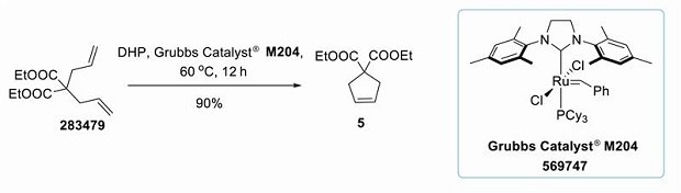 Grubbs catalyst<sup>®</sup> M204 (569747) mediated ring closing metathesis of diethyl diallylmalonate (283479) in dihydropinene. Grubbs catalyst mediated ring-closing metathesis of diethyl diallylmalonate. The starting material, diethyl diallylmalonate, is shown with two allyl groups attached to a central malonate core, each esterified with ethyl groups. The reaction is facilitated by the Grubbs Catalyst M204, a complex containing a ruthenium center with associated ligands, including a phosphine group and a chloride ligand. The process occurs in dihydropinene as a solvent at a temperature of 60 degrees Celsius over 12 hours. The reaction successfully forms a cyclized product through metathesis, closing the open chain into a ring structure, with a reported yield of 90%. This transformation highlights the efficiency of the Grubbs catalyst in promoting ring-closing metathesis reactions.