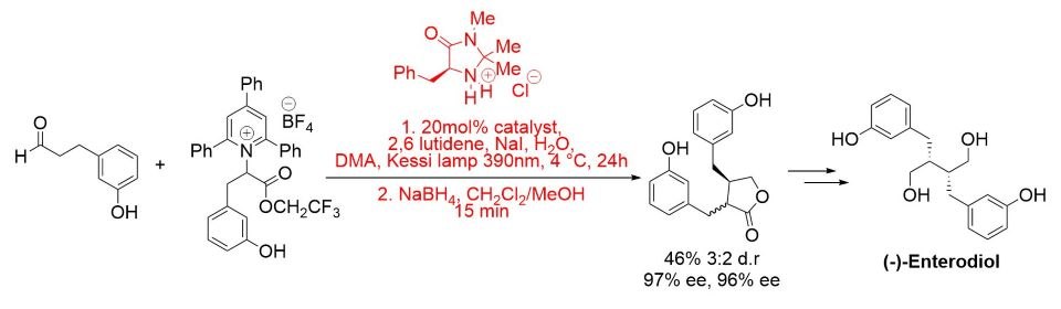 Reaction using (5S)-2,2,3-trimethyl-5-phenylmethyl-4-imidazolidinone monohydrochloride  and visible light  to produce (−)-enterodiol. The reaction proceeds in the presence of visible light and in the absence of a photocatalyst via a light activated charge-transfer complex. Reaction using (5S)-2,2,3-trimethyl-5-phenylmethyl-4-imidazolidinone monohydrochloride  and visible light  to produce (−)-enterodiol. The reaction proceeds in the presence of visible light and in the absence of a photocatalyst via a light activated charge-transfer complex.