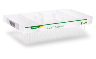 A rectangular plastic construction that holds 96 thin, white, needle-like pins extending from the bottom. The device has a label on the side, featuring the brand name Supelco and the product name BioSPME. There is also a barcode on one side of the tray. The overall appearance is clean and white, designed for use in scientific or laboratory settings. A rectangular plastic construction that holds 96 thin, white, needle-like pins extending from the bottom. The device has a label on the side, featuring the brand name Supelco and the product name BioSPME. There is also a barcode on one side of the tray. The overall appearance is clean and white, designed for use in scientific or laboratory settings.