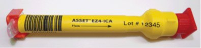Yellow and red asset-ez4-dry with text labels. The main body is yellow with a scale marked in black, and the ends are red. On the body, there’s printed text ‘ASSET EZ4-ICA’ followed by an arrow pointing towards the nozzle end and ‘Lot# 12345’.” Yellow and red asset-ez4-dry with text labels. The main body is yellow with a scale marked in black, and the ends are red. On the body, there’s printed text ‘ASSET EZ4-ICA’ followed by an arrow pointing towards the nozzle end and ‘Lot# 12345’.”