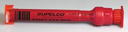 A red cylindrical object with black measurement markings. It is labeled “SUPELCO” along with “Lot 12345” and “ASSET FRANCE”. A red cylindrical object with black measurement markings. It is labeled “SUPELCO” along with “Lot 12345” and “ASSET FRANCE”.