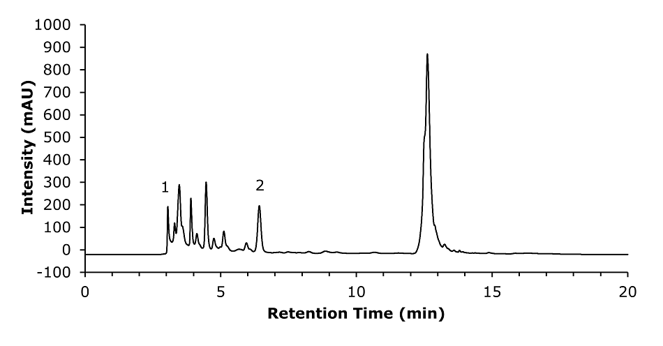 Injection of a spiked (20 mg/L HMF) smoke beer sample (Peak 2: HMF). A chromatogram graph representing the analysis of a spiked smoke beer sample containing 20 mg/L of HMF. The x-axis, labeled "Retention Time (min)," spans from 0 to 20 minutes, and the y-axis, labeled "Intensity (mAU)," ranges from -100 to 1000. A black line traces the chromatographic data, starting from the baseline and forming a small peak at 3.1 minutes, labeled "1," representing the void volume. A significantly larger peak, labeled "2," appears at 6.4 minutes, corresponding to the HMF. Additional smaller peaks are visible between these two labeled points, as well as fluctuations throughout the rest of the trace.