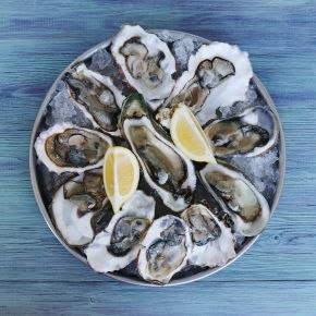 High angle view of raw oysters and lemon slices on a plate on a table High angle view of raw oysters and lemon slices on a plate on a table