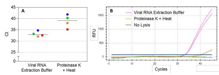 Viral RNA Extraction Buffer performance relative to similar techniques. A, Ct values from four different saliva samples. Each color represents saliva from a different individual containing spiked viral particles. B, Amplification curves from a representative saliva sample (each treatment analyzed in duplicate). Viral RNA Extraction Buffer performance relative to similar techniques