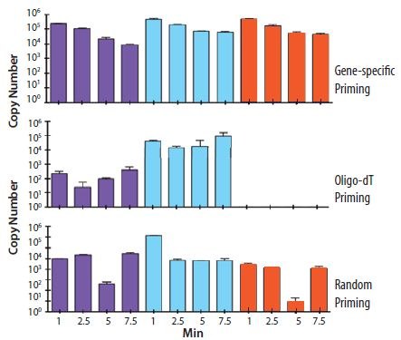 Total RNA was incubated on a naked human hand for the times indicated (1, 2.5, 5 and 7.5 min). cDNA was prepared using gene specific, random or oligo-dT priming. Total RNA was incubated on a naked human hand for the times indicated (1, 2.5, 5 and 7.5 min). cDNA was prepared using gene specific, random or oligo-dT priming.