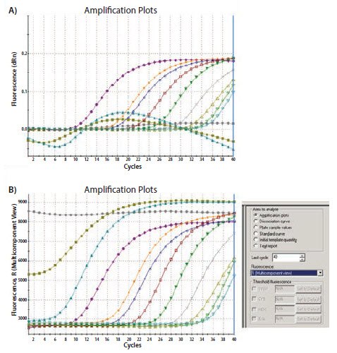 Amplification of a 10-fold serial dilution of an artificial template with specific primers and a FAM-labeled probe Amplification of a 10-fold serial dilution of an artificial template with specific primers and a FAM-labeled probe
