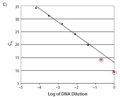 The samples with high concentrations of template do not lie on the standard curve The samples with high concentrations of template do not lie on the standard curve