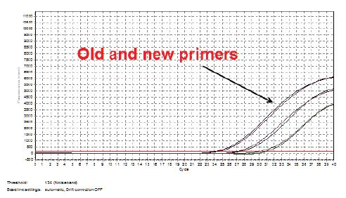 Two batches of primers to EIFB1 were compared in SYBR Green I reagent; the original failing batch and a new batch Two batches of primers to EIFB1 were compared in SYBR Green I reagent; the original failing batch and a new batch
