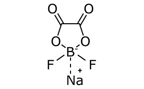 Chemical structure of sodium difluoro(oxalato)borate (NaDFOB). At the center is a boron atom bonded to two fluorine atoms and an oxalate group. The oxalate group is depicted as a four-membered ring with two double-bonded oxygen atoms, each attached to a carbon atom, and two single-bonded oxygen atoms connecting the carbon atoms to the boron. Below the boron, a sodium ion is shown with a positive charge, indicating its ionic interaction with the borate complex.