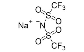 Chemical structure of sodium trifluoromethanesulfonimide. On the left, a sodium ion (Na) is shown with a positive charge symbol. To the right, the trifluoromethanesulfonimide ion is depicted, featuring a central nitrogen atom bonded to two sulfonyl groups. Each sulfonyl group consists of a sulfur atom double-bonded to two oxygen atoms and single-bonded to a trifluoromethyl group (CF3). The nitrogen atom is linked to each sulfur atom, forming a bridging structure.