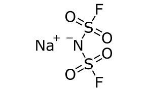 Chemical structure of sodium bis(fluorosulfonyl)imide (NaFSI). On the left, there is a sodium ion (Na+) with a positive charge symbol. To the right, the bis(fluorosulfonyl)imide ion is illustrated, featuring a central nitrogen atom bonded to two sulfonyl groups. Each sulfonyl group consists of a sulfur atom double-bonded to two oxygen atoms and single-bonded to a fluorine atom. The nitrogen atom connects to each sulfur atom, forming a bridging structure.