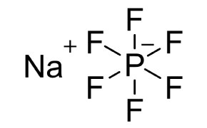 Chemical structure of sodium hexafluorophosphate (NaPF6). On the left side, the sodium ion (Na) is shown with a positive charge symbol. To the right, the hexafluorophosphate ion is illustrated, featuring a central phosphorus atom surrounded by six fluorine atoms. Each fluorine atom is connected to the phosphorus atom with a single bond, forming an octahedral geometry around the phosphorus.