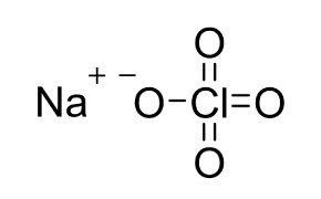 Chemical structure of sodium perchlorate (NaClO4). On the left, the sodium ion (Na) is depicted, accompanied by a positive charge symbol. To the right, there is perchlorate ion, consisting of a central chlorine atom bonded to four oxygen atoms in a tetrahedral geometry. Three of these oxygen atoms are connected to the chlorine atom with double bonds, while the fourth oxygen atom is linked with a single bond and carries a negative charge.
