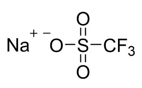 Chemical structure of sodium triflate (NaTfO). On the left, a sodium ion (Na) is shown with a positive charge symbol. To the right, there is triflate ion, consisting of a central sulfur atom bonded to three oxygen atoms and one trifluoromethyl group (CF3). The sulfur atom is double-bonded to two oxygen atoms and single-bonded to the third oxygen atom, which carries a negative charge and forms an ionic bond with the sodium ion.