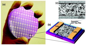 The wafer consists of CNT-TFTs (b) Schematic showing CNT-TFT (c) SEM image showing CNT network of IsoNanotubes-S TM (Figure was adapted from reference 13)   The wafer consists of CNT-TFTs (b) Schematic showing CNT-TFT (c) SEM image showing CNT network of IsoNanotubes-S TM (Figure was adapted from reference 13)