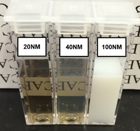 Suspensions of 20, 40, and 100 nm FND particles in deionized water. Suspensions of 20, 40, and 100 nm FND particles in deionized water.