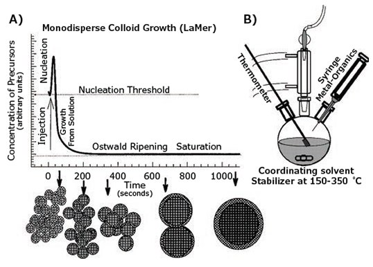 Schematic of the nucleation and growth stage for the preparation of monodisperse nanocrystals in the framework of the LaMer model Schematic of the nucleation and growth stage for the preparation of monodisperse nanocrystals in the framework of the LaMer model