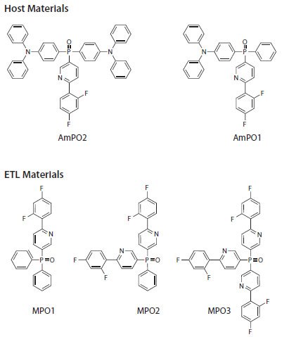 Figure 6. Difluorophenylpyridine-substituted phosphine oxide (DFppy-PO) host (top) and ETL (bottom) materials. Figure 6. Difluorophenylpyridine-substituted phosphine oxide (DFppy-PO) host (top) and ETL (bottom) materials.