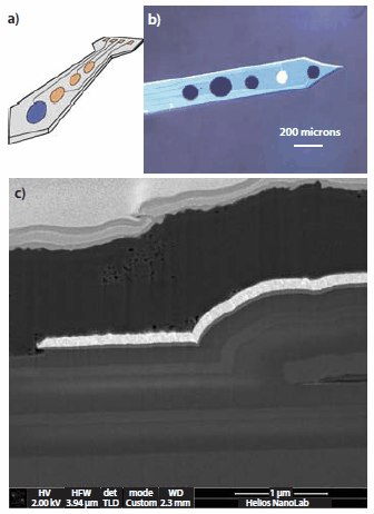 Schematic  of a micrelectronic An example microelectronic biomedical device incorporating conducting polymers, namely a silicon-based microfabricated cortical electrode