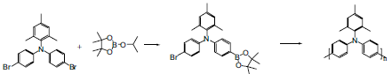 Synthesis of Poly(bis(4-phenyl)(2,4,6-trimethylphenyl)amine) by palladium catalyzed Suzuki coupling. Synthesis of Poly(bis(4-phenyl)(2,4,6-trimethylphenyl)amine) by palladium catalyzed Suzuki coupling.