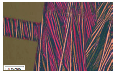 A device fabricated from TIPS pentacene 3c, showing highly oriented growth of the semiconductor. A device fabricated from TIPS pentacene 3c, showing highly oriented growth of the semiconductor.