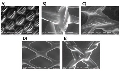 SEM images of Regenerez coatings deposited on a range of commonly used medical device textile components: A) dip-coated poly(ethylene terephthalate) woven, B) dip-coated poly(glycolic acid) knit, C) dip-coated PEEK mesh, D) spray-coated nitinol braid, and E) dip-coated poly(propylene) mesh. SEM images provided by Carissa Smoot of the Secant Group. SEM images of Regenerez coatings deposited