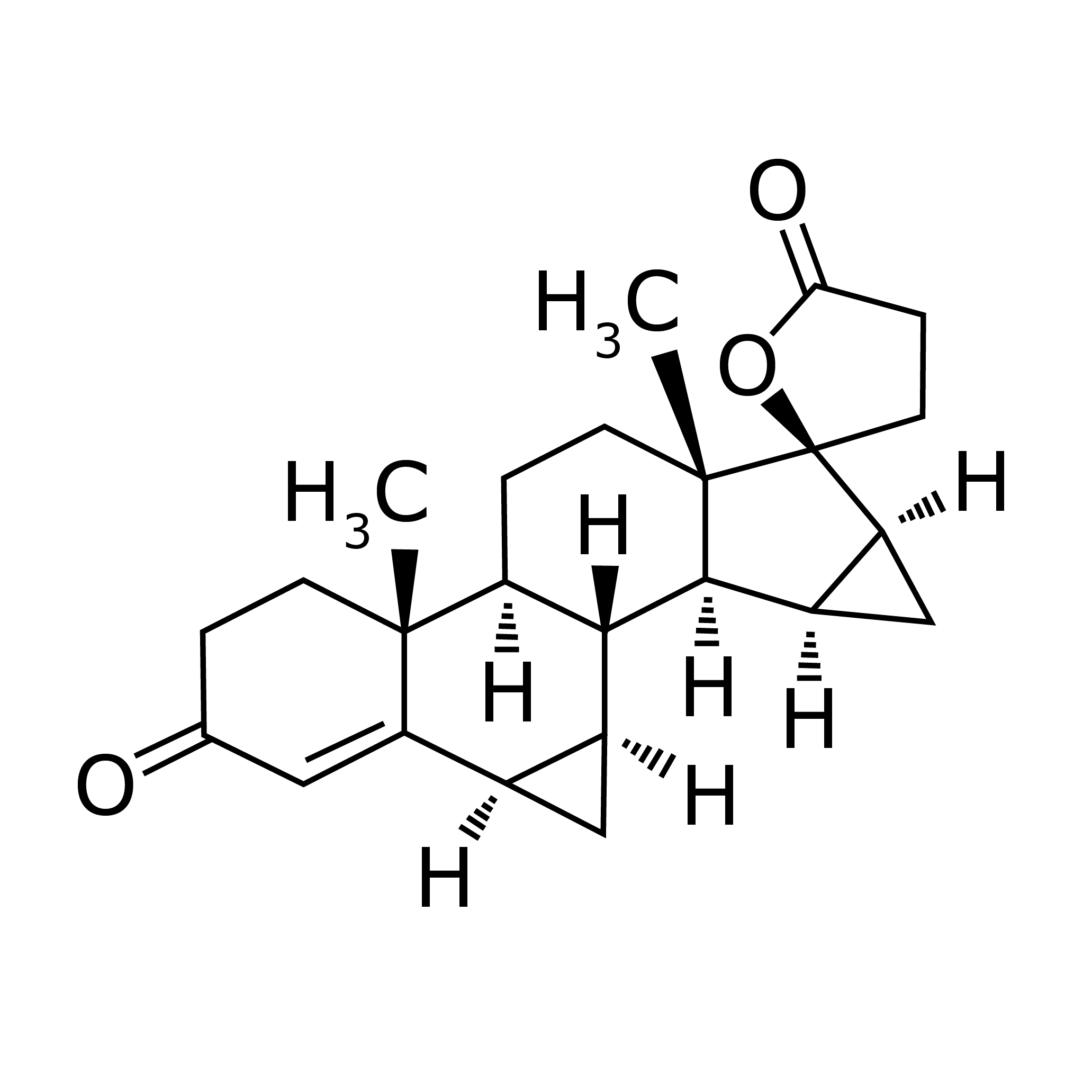 Chemical Structure Drospirenone Chemical structure of drospirenone, a synthetic progestin, illustrated with multiple carbon rings, hydroxyl (–OH) and carbonyl (–C=O) groups, along with hydrogen atoms.