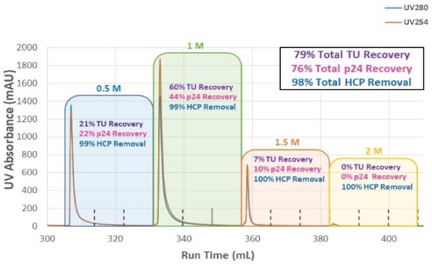 Step elution recovery and HCP removal at different salt concentrations The graph is titled Mustang Q elution -New Feed 9.5 M to 2.0 M NaCl  and shows UV absorbance (mAU) at 0.5 M, 1 M, 1.5 M and 2 M NaCl. UV absorbance was plotted at UV280 and UV254. The 0.5 M run time is shown in blue and is between about 305 and 330 mL. Both UV absorbance peaks are at about 310 mL close to 1400 mAU. There was 21% TU recovery, 22% p24 recovery, and 99% HCP removal. The 1 M run time is shown in green and is between about 330 and 355 mL. Both UV absorbance peaks are at about 335 mL at about 1900 mAU. There was 60% TU recovery, 44% p24 recovery, and 99% HCP removal. The 1.5 M run time is shown in orange and is between about 355 and 385 mL. Both UV absorbance peaks are at about 360 mL at about 700 mAU. There was 7% TU recovery, 10% p24 recovery, and 100% HCP removal. The 2 M run time is shown in yellow and is between about 385 and 410 mL. Both UV absorbance peaks are at about 385mL at about 50 mAU. There was 0% TU recovery, 0% p24 recovery, and 100% HCP removal.