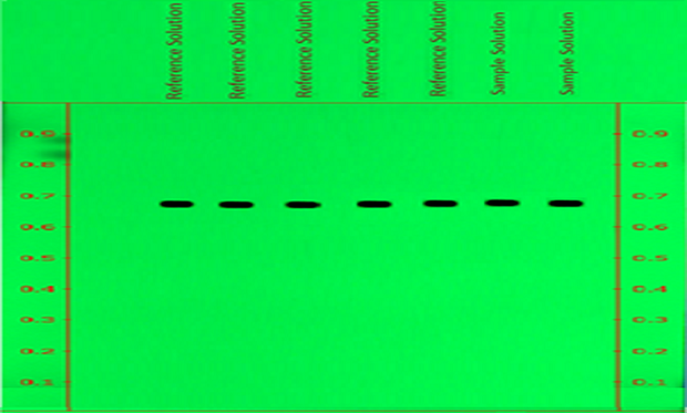 Determination of Repeatability of betamethasone spots for reference solution and sample on chromatogram measured at wavelength 254nm (Detection A). A thin-layer chromatography (TLC) plate, visualized under UV light at 254 nm, displays a vibrant green background. Both edges of the plate have 9 red markings from 0.1 to 0.9 cm at 0.1 cm intervals. A line is drawn across the top at the 1 cm mark, with tracks labeled above it. The plate shows seven distinct spots: five labeled as reference solution (from left to right) and the last two on the right labeled as sample solution. These spots are positioned just below the Rf value of 0.7 and stand out clearly against the green background.