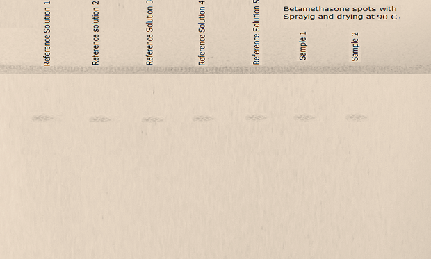 The principal spot of reference and sample in the chromatogram obtained with the test solution in day light after derivatization (Detection B). A thin-layer chromatography (TLC) plate, visualized under daylight after spraying with test solution, followed by drying at 90˚C, in buff color. A line is drawn at the top, with tracks labeled above it. The plate shows faintly colored seven distinct spots at same position: five labeled as reference solution 1, 2, 3, 4, and 5 respectively (from left to right) and the last two on the right labeled as sample solution 1 and 2.