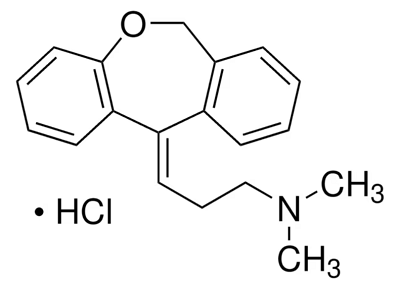 The chemical structure of a compound with a large ring system composed of three fused rings: two benzene rings and one other cyclic structure. Attached to this ring system is a side chain with a tertiary amine group, featuring two methyl groups (CH3) attached to the nitrogen (N). Additionally, a hydrogen chloride (HCl) molecule is depicted separately, indicating the compound is likely presented as a hydrochloride salt. The chemical structure of a compound with a large ring system composed of three fused rings: two benzene rings and one other cyclic structure. Attached to this ring system is a side chain with a tertiary amine group, featuring two methyl groups (CH3) attached to the nitrogen (N). Additionally, a hydrogen chloride (HCl) molecule is depicted separately, indicating the compound is likely presented as a hydrochloride salt.