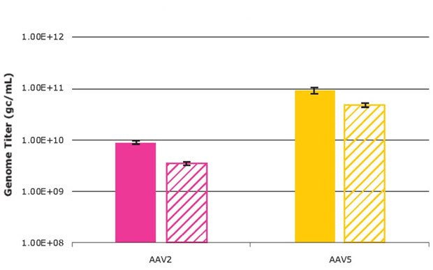 AAV2 and AAV5 genome titers produced from the VirusExpress® 293 AAV Production Platform AAV2 and AAV5 genome titers produced from the VirusExpress® 293 AAV Production Platform