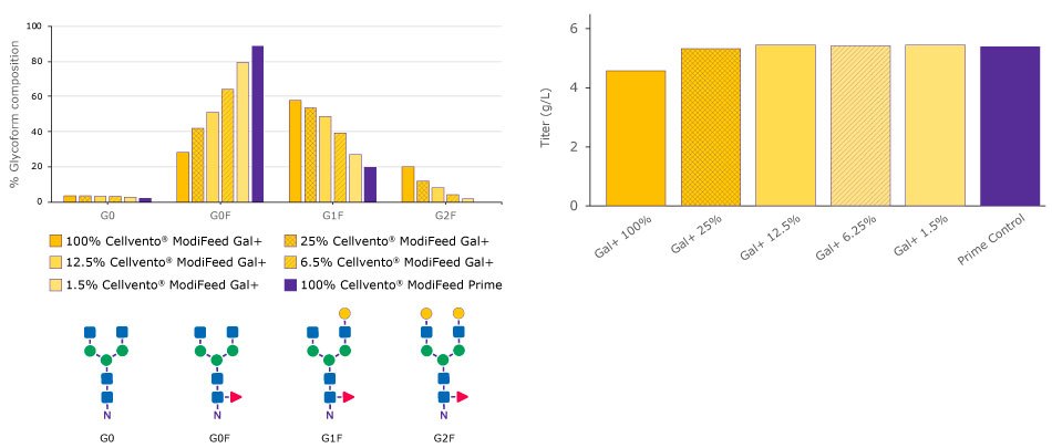 Graphs show the glycoform composition and titer data achieved with the different Cellvento® ModiFeed feeds, showcasing how different combinations of Cellvento® ModiFeed Prime feed with either Cellvento® ModiFeed Gal+ or Cellvento® ModiFeed Gal- feed can be used to tailor galactosylation levels by altering the ratio of the combined feed.  Graphs show the glycoform composition and titer data achieved with the different Cellvento® ModiFeed feeds, showcasing how different combinations of Cellvento® ModiFeed Prime feed with either Cellvento® ModiFeed Gal+ or Cellvento® ModiFeed Gal- feed can be used to tailor galactosylation levels by altering the ratio of the combined feed.