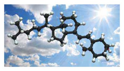 vitamin-d3-produced-after-sunlight A molecular structure of black and white spheres against a bright blue sky with clouds and sunlight, symbolizing the fusion of science and nature.