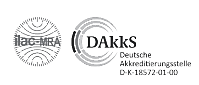 DAkkS_B Two logos: on the left, the ilac-MRA circular logo with concentric circles and central text; on the right, the DAkkS logo with an oval shape and the text ‘DAkkS’ inside, accompanied by the text ‘Deutsche Akkreditierungsstelle D-K-15173/01-00’ below.