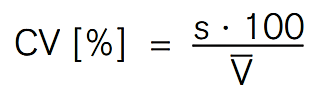 coefficient_eq Coeffiecient equation. Mathematical formula representing the coefficient of variation (CV) as a percentage, where CV is equal to the standard deviation (s) multiplied by 100, all over the square root of the mean (V).