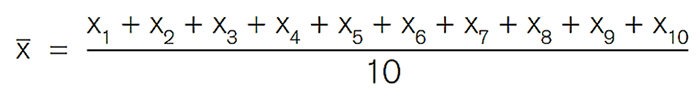mean_weight_eq Mathematical equation displaying the calculation of the mean value of a data set, with the mean symbolized by x-bar, equal to the sum of ten data points (x1 to x10) divided by 10.