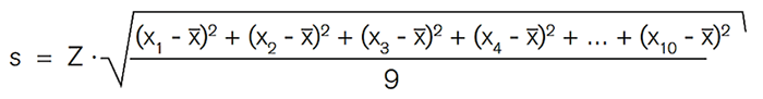 standard_dev_eq Standard-deviation-volume equation.  Mathematical formula for standard deviation, with ‘s’ representing the standard deviation equal to the square root of the sum of squared differences between each data point ‘x’ and the mean ‘x-bar’, divided by 9.