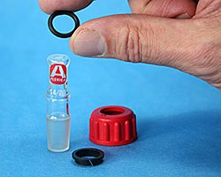 The O-ring seals above the ground-glass joint, eliminating the need for grease on the joint. The O-ring seals above the ground-glass joint, eliminating the need for grease on the joint.