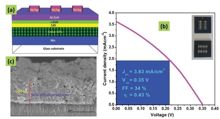 Schematic of the SnSe NPs solar cell (a) Schematic of the SnSe NPs solar cell. (b) J-V characteristic of the SnSe NPs heterojunction solar cell. (c) Cross-sectional SEM image of the SnSe NPs absorber layer.