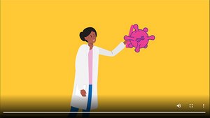 Gene Therapy Manufacturing Illustration of person in a lab coat gesturing to a large pink virus model