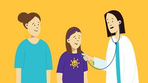 The Sf-RVN® Platform Illustration of medical professional, child, and caretaker, medical professional using stethoscope on child