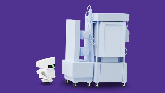 <p>Transforming the Biopharma Supply Chain, eData Solutions for Agility and Manufacturing Efficiency<br>
</p>
 A 3D illustration of a white, modern medical imaging machine against a purple background. To the left is a small robot with green lights