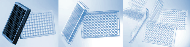 Greiner high and medium binding 96 well plates flat bottom clear polystyrene wells (with micro-clear bottom), high binding surface, sterile