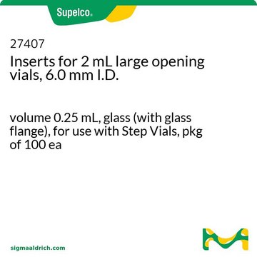 Inserts for 2 mL large opening vials, 6.0 mm I.D. volume 0.25 mL, glass (with glass flange), for use with Step Vials, pkg of 100 ea