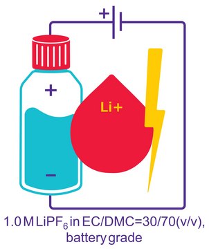 Lithium hexafluorophosphate solution in ethylene carbonate and dimethyl carbonate, 1 M LiPF6 in EC/DMC=30/70 (w/w), battery grade