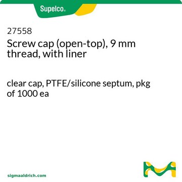 Screw cap (open-top), 9 mm thread, with liner clear cap, PTFE/silicone septum, pkg of 1000 ea
